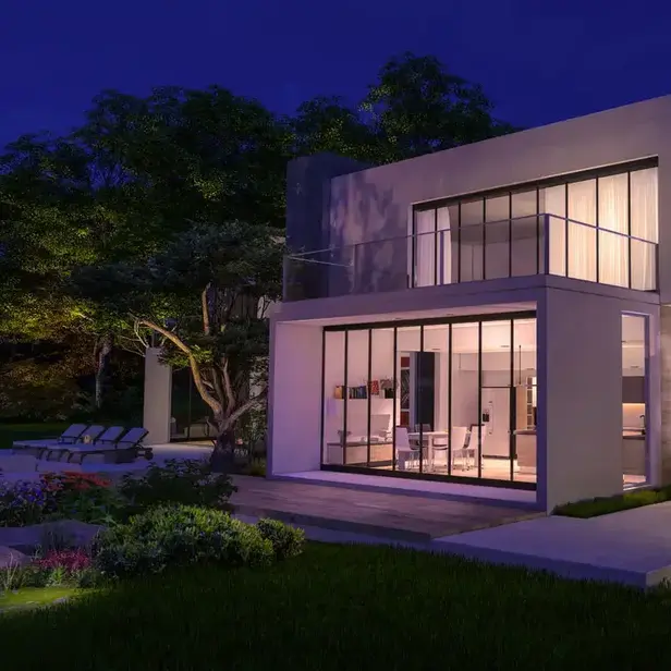 a house with a garden and trees