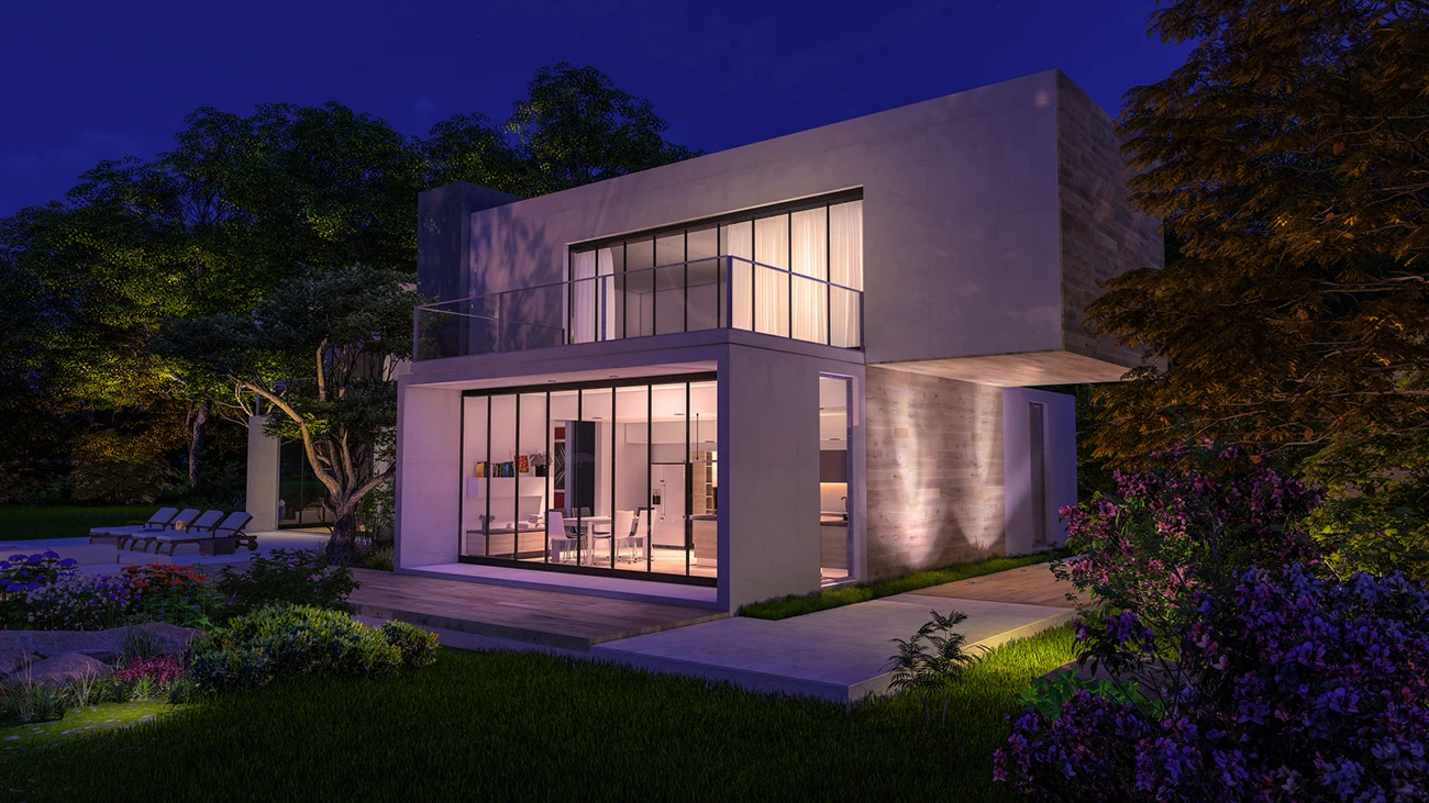 a house with a garden and trees