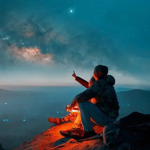 Silhouettes of a latin couple sitting on the top of the hill looking at shooting stars and the milky way in the background