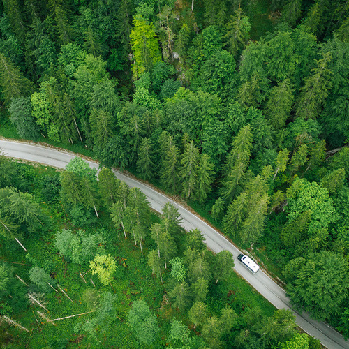 an rv driving on a road through a forest